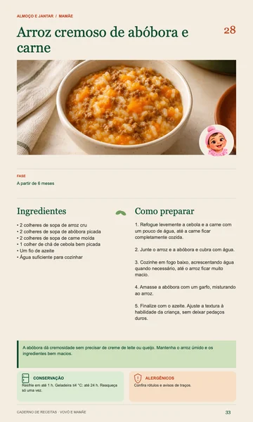 Página real: Arroz cremoso de abóbora e carne, A partir de 6 meses